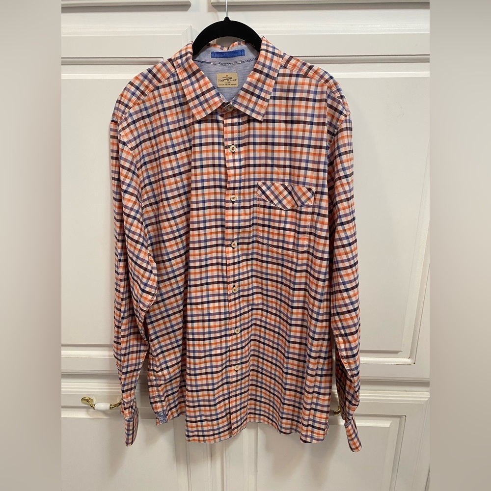 Tommy Bahama Orange Blue Plaid Long Sleeve Button Front Shirt Men’s Size XL
